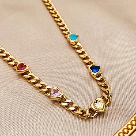 Fabulous Cuban Link Studded Colorful Hearts CZ Necklace in Gold - Picture 3 of 9
